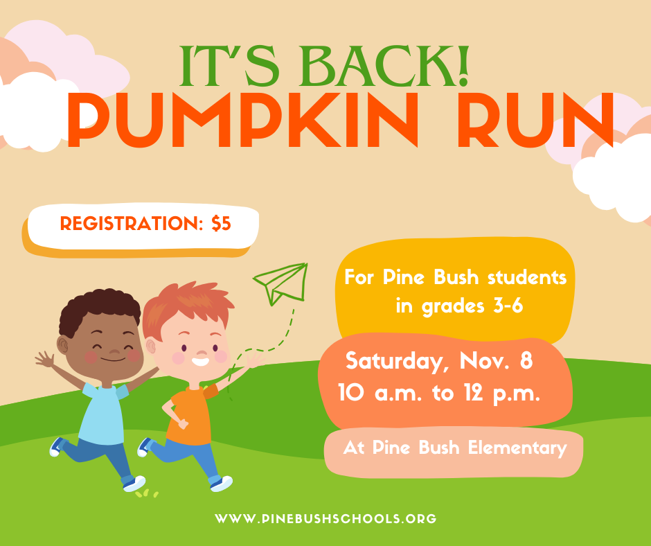 A graphic with two small kids running through a field. It says It's Back! Pumpkin Run Nov. 8, 10-12 $5 registration