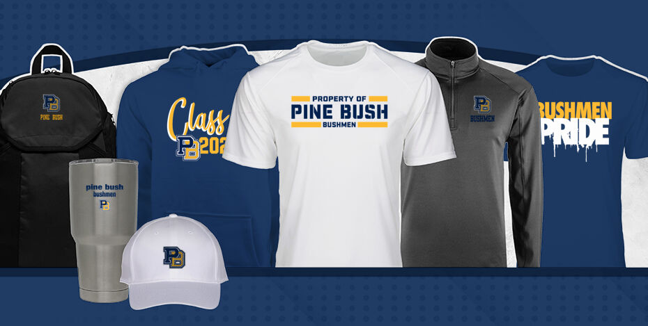 Athletic apparel including t shirts hoodies,quarter qips that say Pine Bush bushmen, Bushmen Pride Class of 2026 PB. There is also a backpack, a hat and a cup with the PB logo.