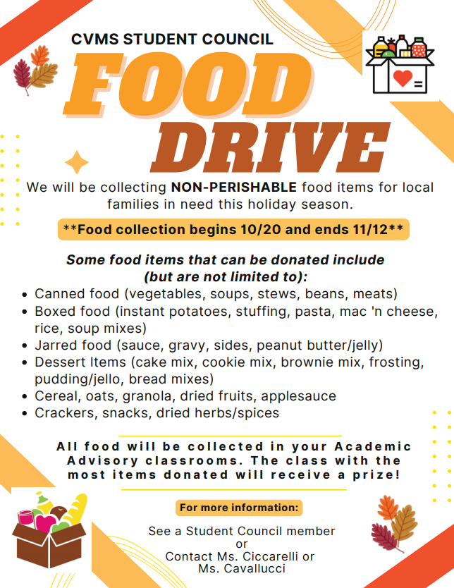 A flyer that says food drive and lists canned goods, boxed food, cereal, dried fruit, as examples. It runs through Nov. 12 and people can send donations in with their students.
