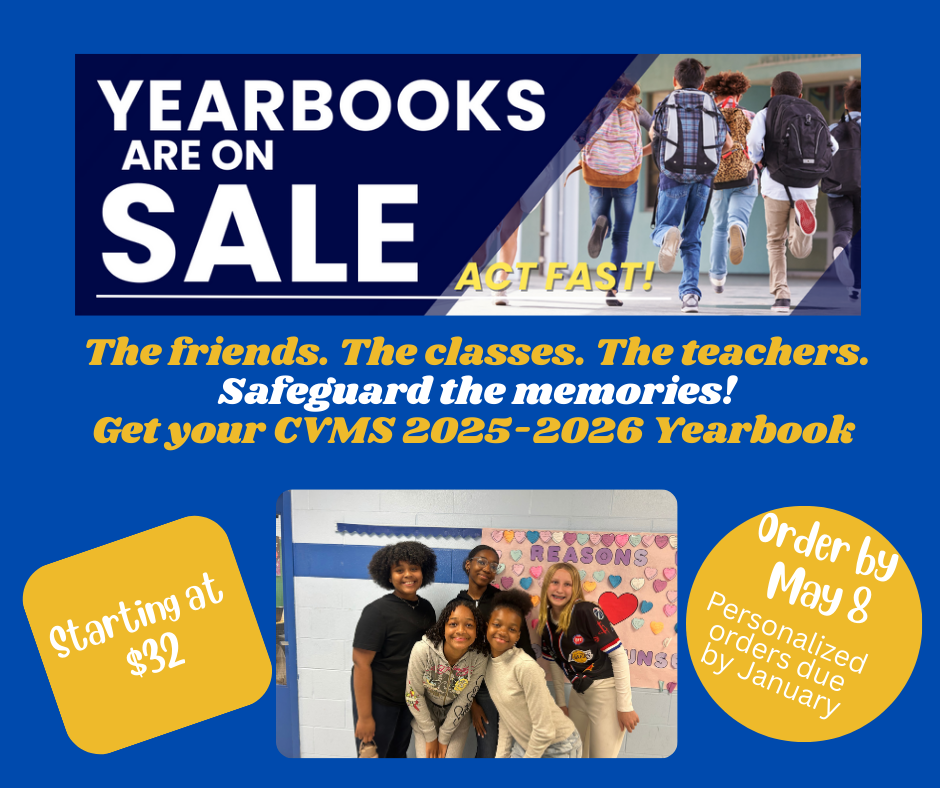 A blue background. It says Yearbooks are on sale. Safeguard the memories. $32. Order by may 8.
