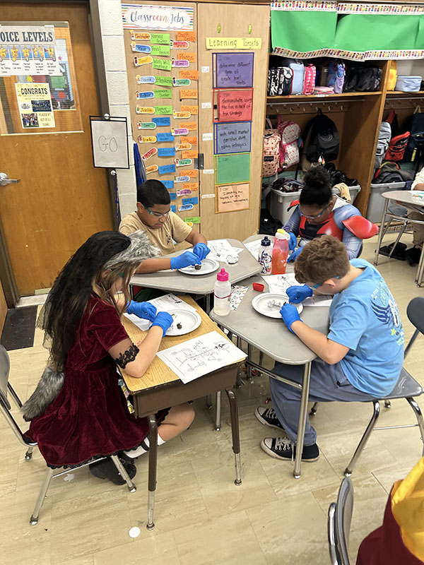 A group of fifth-graders work at their desks on a science project.