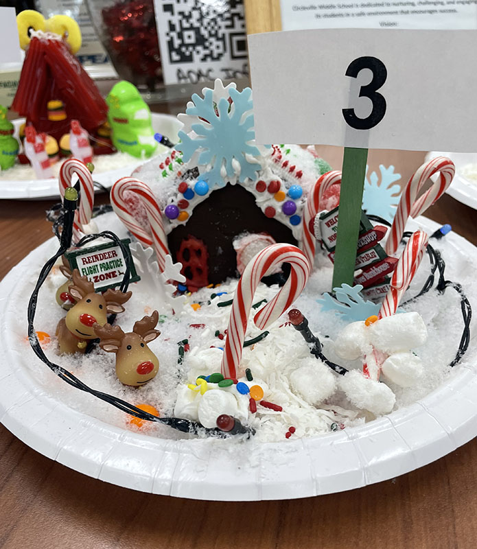 A gingerbread house with a large blue and white snowflake on the top, candycanes all around and little reindeer n the hard. It also has lights.