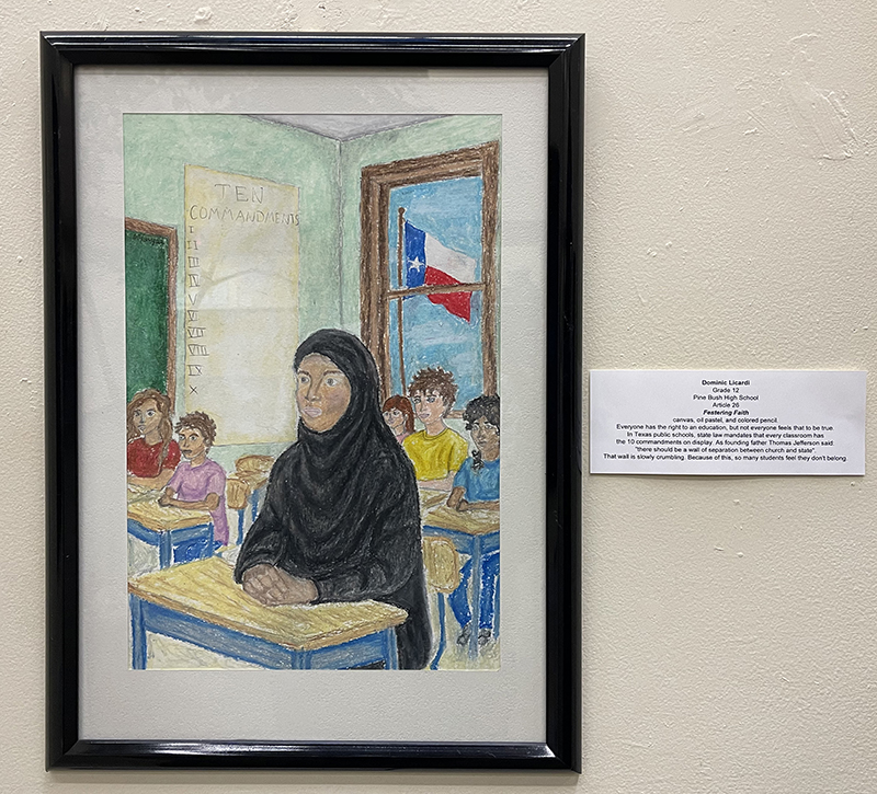 A drawing of a woman sitting at a desk with kids at desks. In the background is a flag of Puerto Rico.