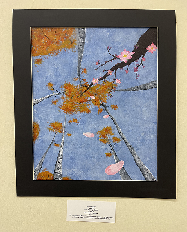 A drawing looking up toward the sky with trees reaching up to the sky.