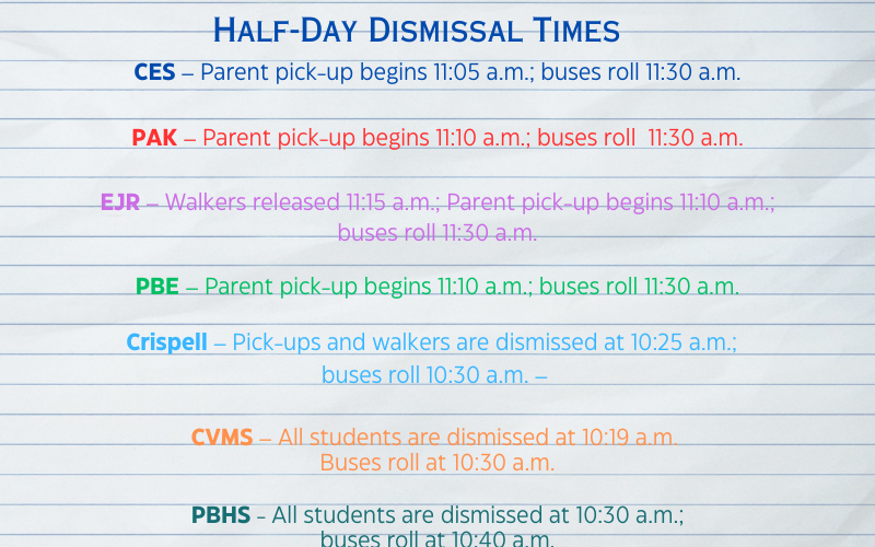 Background looks like loose leaf paper and there are dismissal times listed for seven schools.