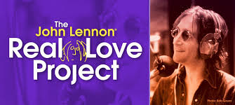 A photo of John Lennon on the right wearing headphones recording. On the left it says The John Lennon Real Love Project.