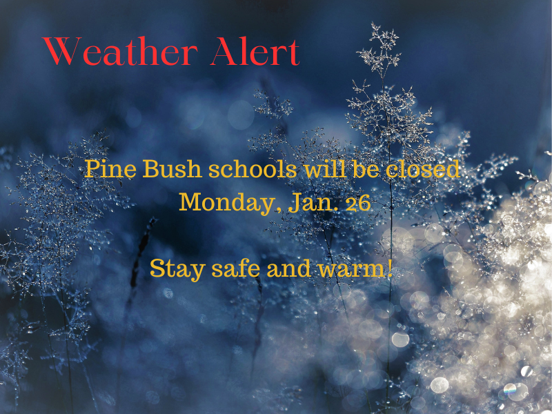 A blue background with ice covered branches. It says Weather Alert. Pine Bush schools will be closed Monday, Jan. 26. Stay safe and warm.