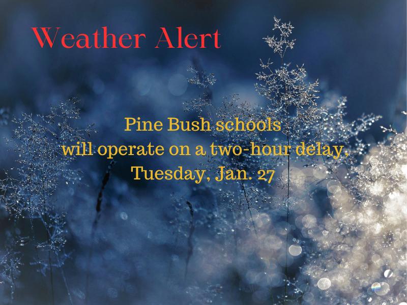 A blue background with icy foliage. It says Weather Alert Pine Bush schools will operate on a two-hour delay Tuesday, Jan. 27