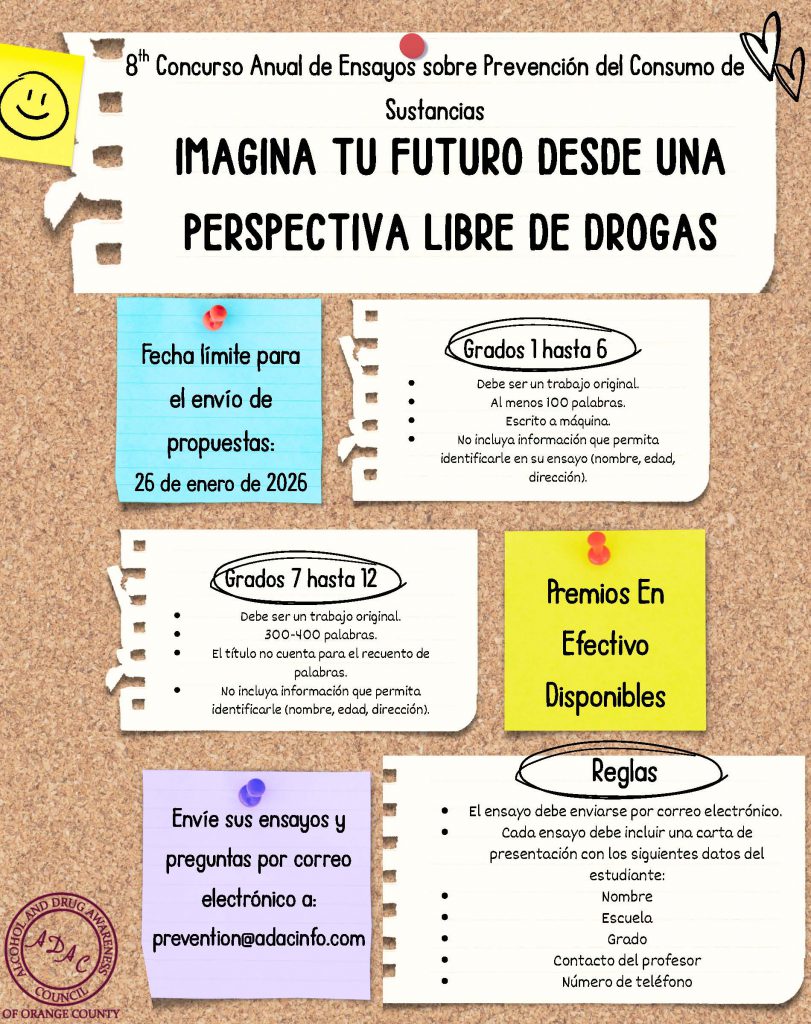 Una imagen de un tablón de anuncios que dice: "Imagina tu futuro a través de una perspectiva libre de drogas". 8º Concurso anual de ensayos sobre prevención del consumo de sustancias.