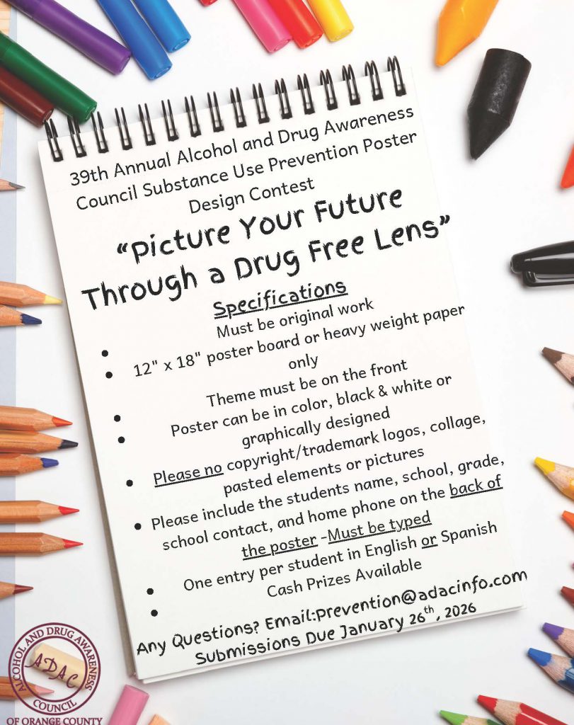 A colorful piece of paper that says 39th annual alcohol and drug awareness council substance use prevention poster design contest.