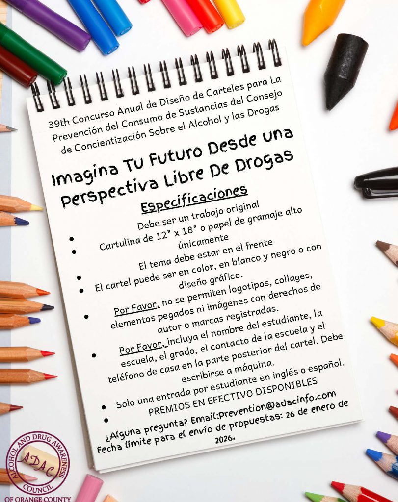 Un colorido trozo de papel que dice: "39º concurso anual de diseño de carteles para la prevención del consumo de alcohol y drogas, organizado por el consejo de concienciación sobre el alcohol y las drogas".
