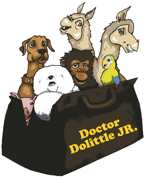 A brown doctor's bag that says Doctor Dolittle JR. In it are two dogs, a monkey, two camels and a parrot.