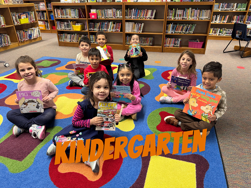 A group of elementary kids sit on a colorful rug and hold books.