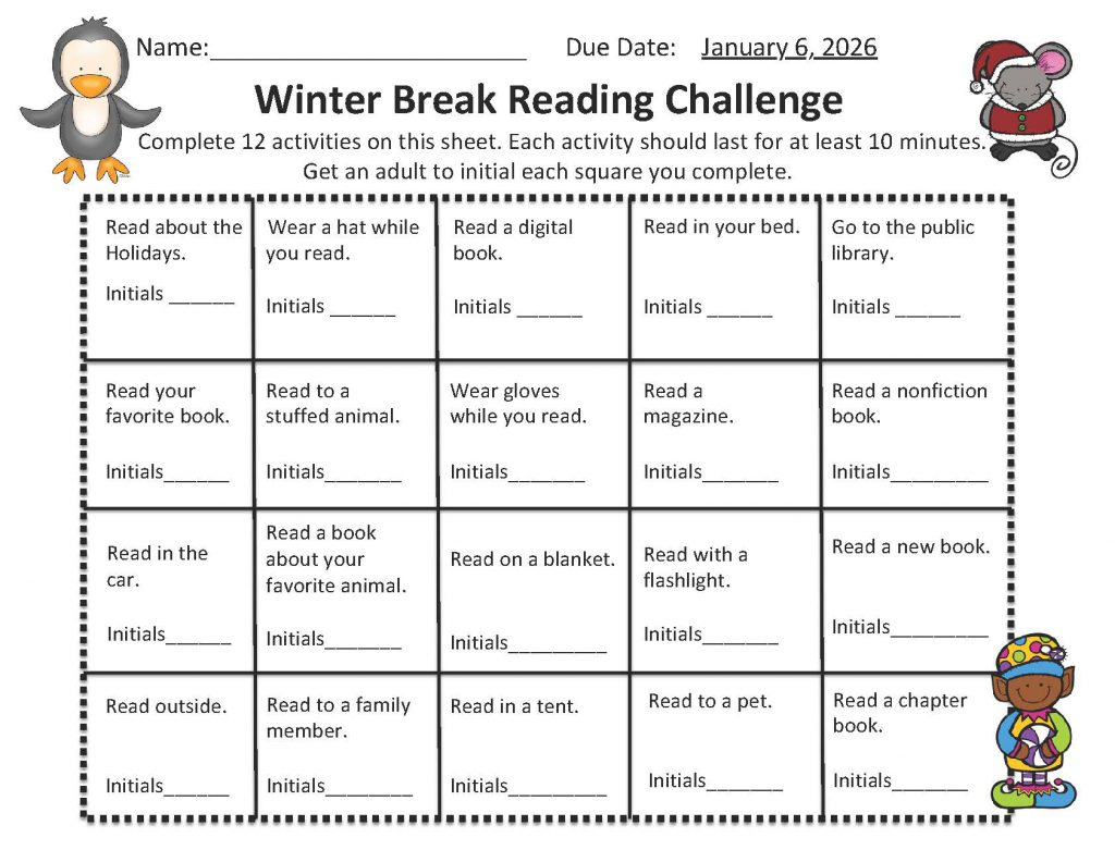 A grid with 20 blocks. Each has a suggestion for reading, Read to a stuffed animal., read with a flashlight, read on a blanket, read to a family member, read a chapter book, read a magaziine.
