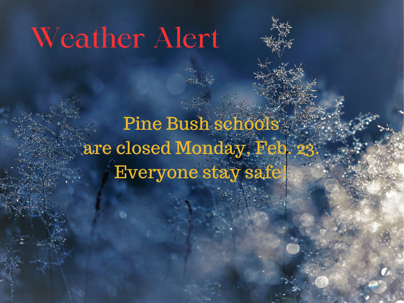 A blue background with icy crystals. It ways Weather Alert. Pine Bush schools are closed Monday, Feb. 23. Everyone stay safe!