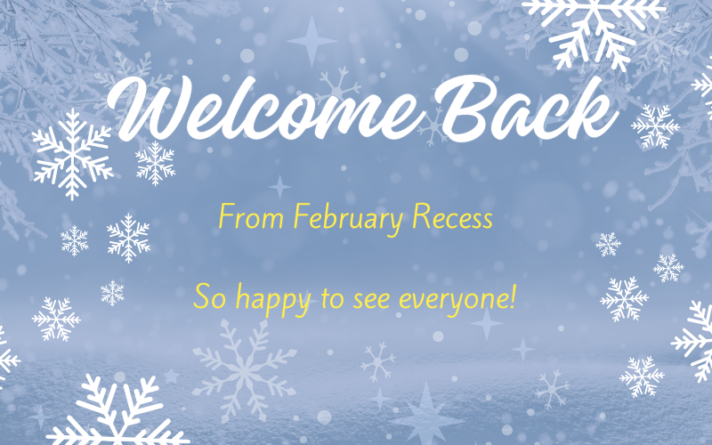 Blue background with snowflakes in the background. It says Welcome Back from February Recess. So Happy to see everyone.