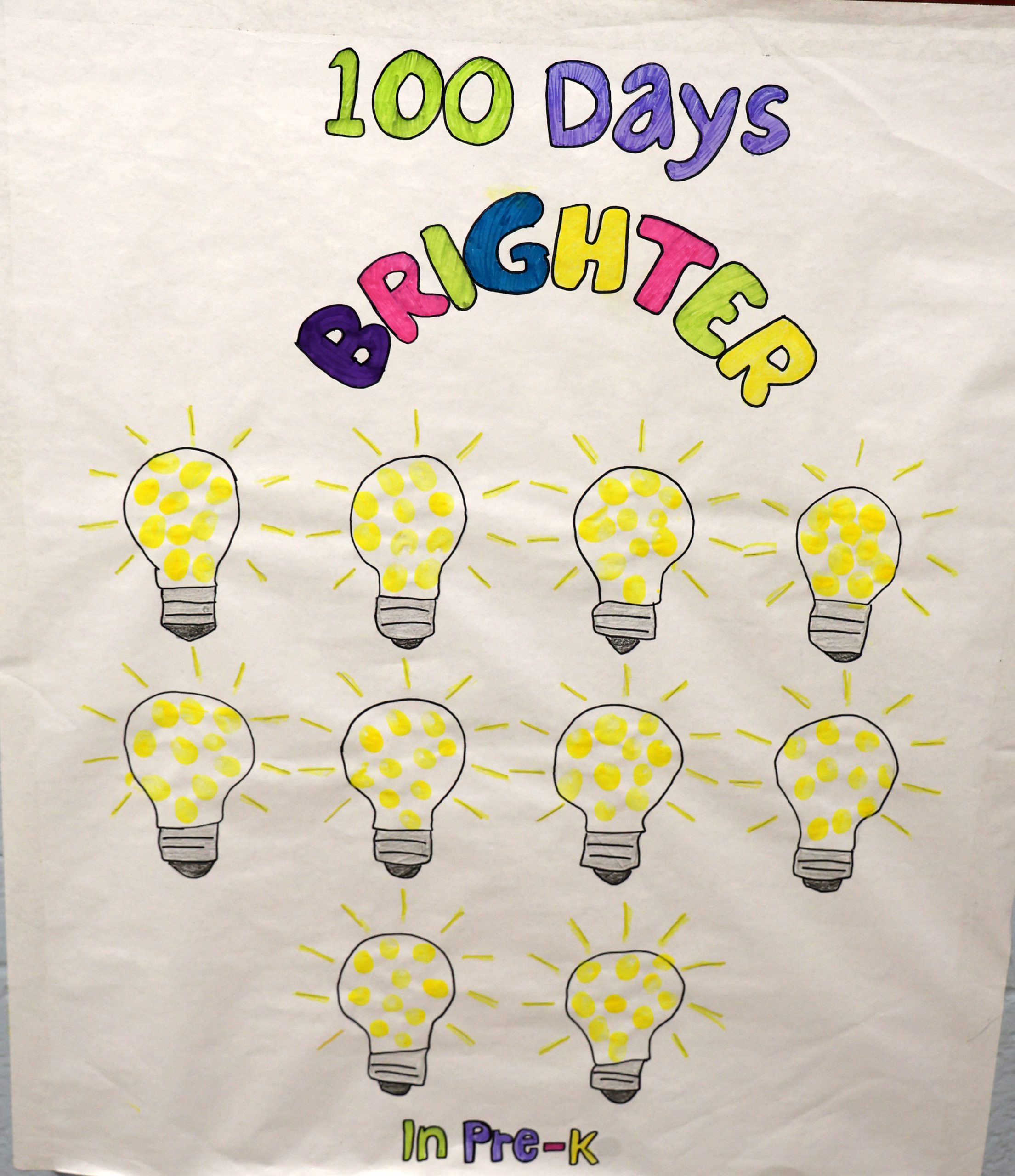 A large poster says 100 days brighter with10 light bulbs.