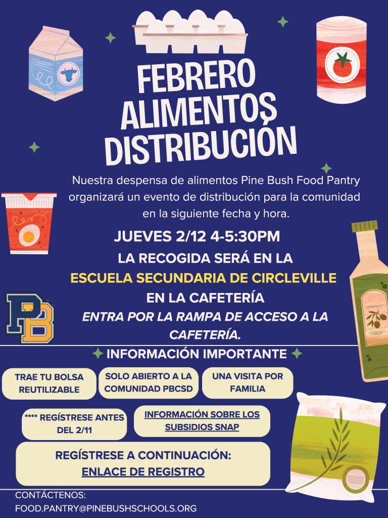 Blue background and it says February Food Distribution Thursday, Feb. 12, 4-5:30 p.m. Pick up at Circleville Middle School cafeteria. Bring reusable bag. Register by Feb. 11.