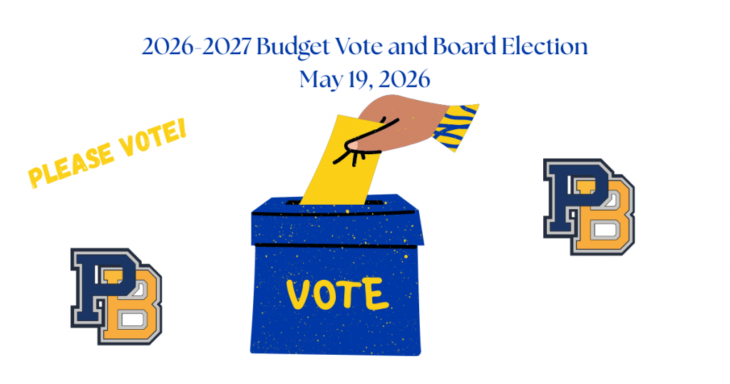 A graphic of a box that says vote on it with a hand holding a piece of gold paper putting it into the box. Text says 2026-2027 Budget Vote and Board Election May 19, 2026 Please vote.