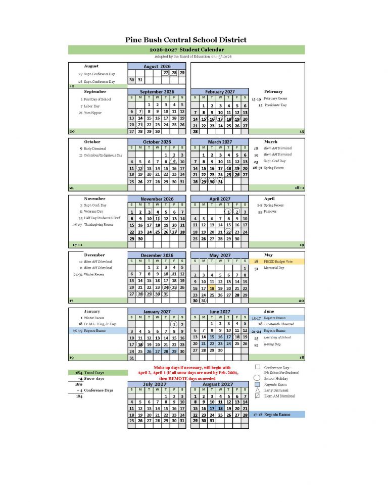 Board adopts 2026-2027 calendar; amends current calendar - Pine Bush ...