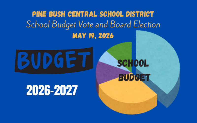 20260324 budget graphic updated slider A blue background with a multi-colored pie chart on the right. On the left it says Pine Bush Central School district School budget 2026-2027 Pine Bush Central School District School Budget Vote and Board Election May 19, 2026