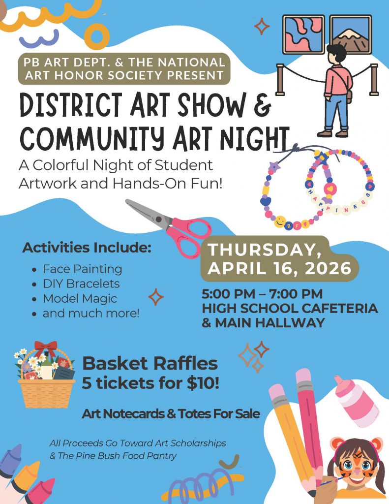 A light blue flyer that says district art show and community art night Thursday, April 16, 2026 5 to 7 p.m.
