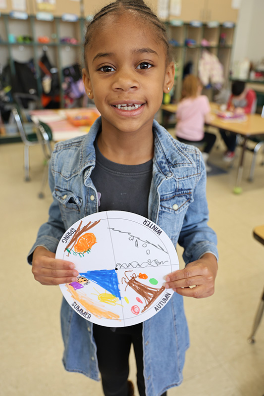 A first-grade girl smile as she holds a paper plate on which she drew pictures depicting what a farmer does during each of the four seasons.