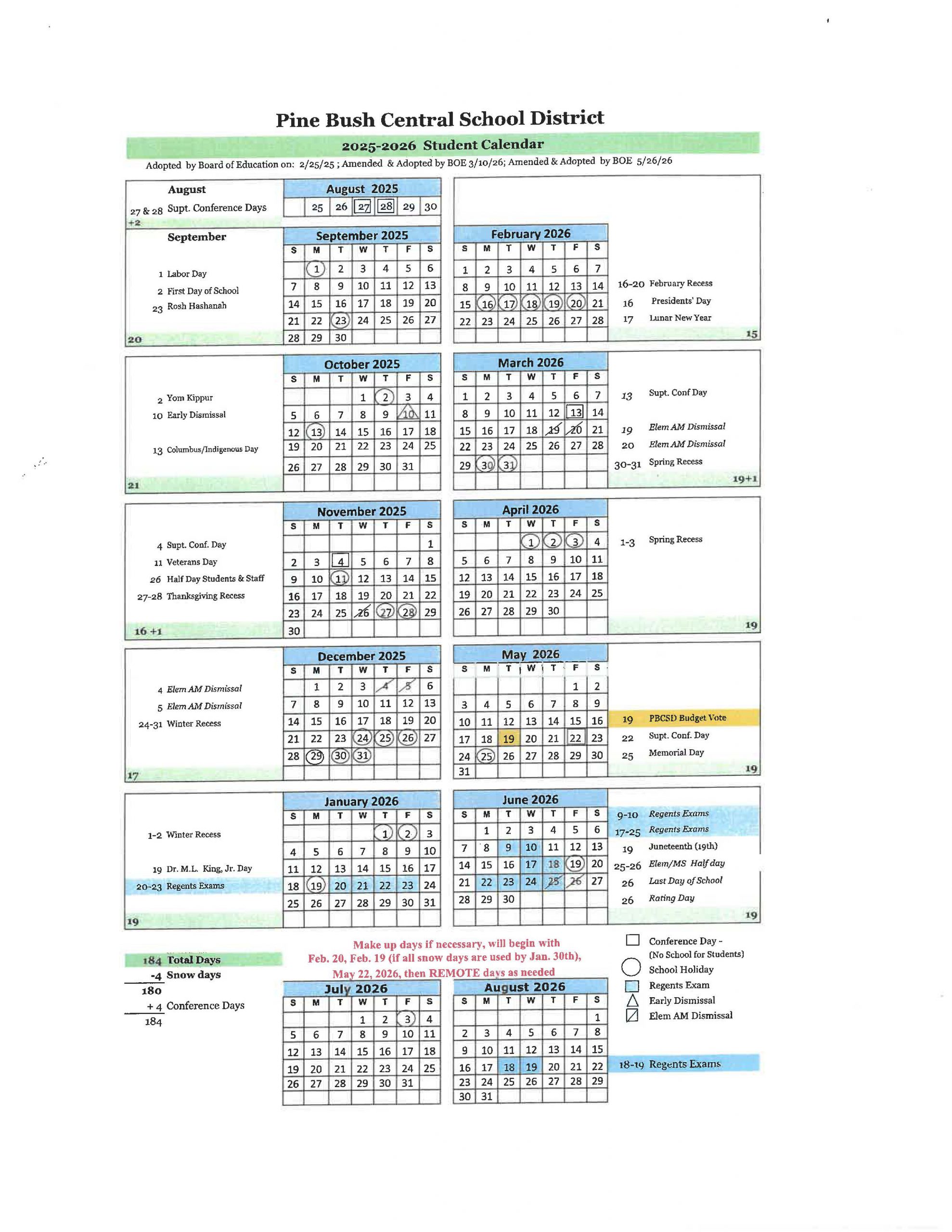A grid showing days off, holidays and half days by month for the school district. The addition is that June 25 and 26 will be half days for elementary and middle schools.