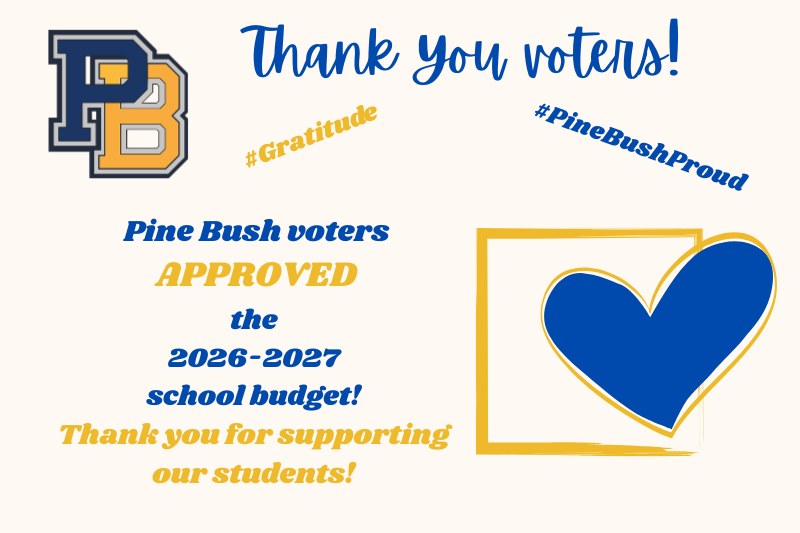 A blue and gold PB in the corner. Text says Thank you voters! Pine Bush voters approved the 2026-2027 school budget! Thank you for supporting our students! There is a blue heart on the bottom left.