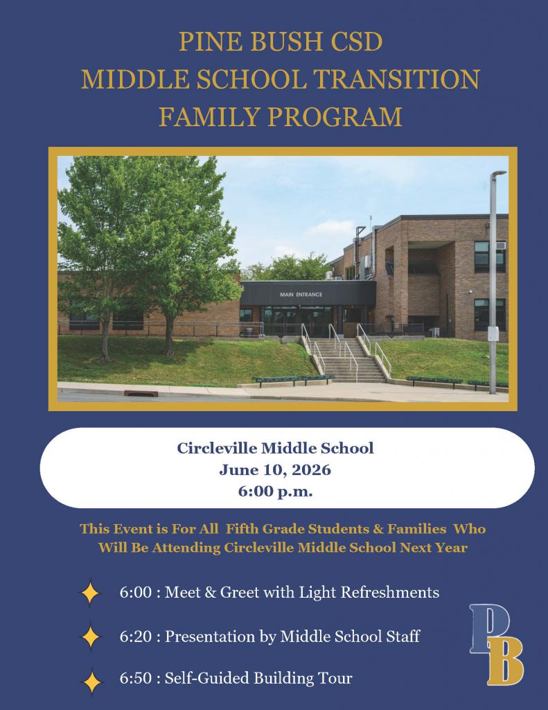 Middle School transition family program at Circleville Middle School, Wednesday, June 10, 6 p.m. This event is for all fifth grade students and families who will be attending Circleville Middle School in September.