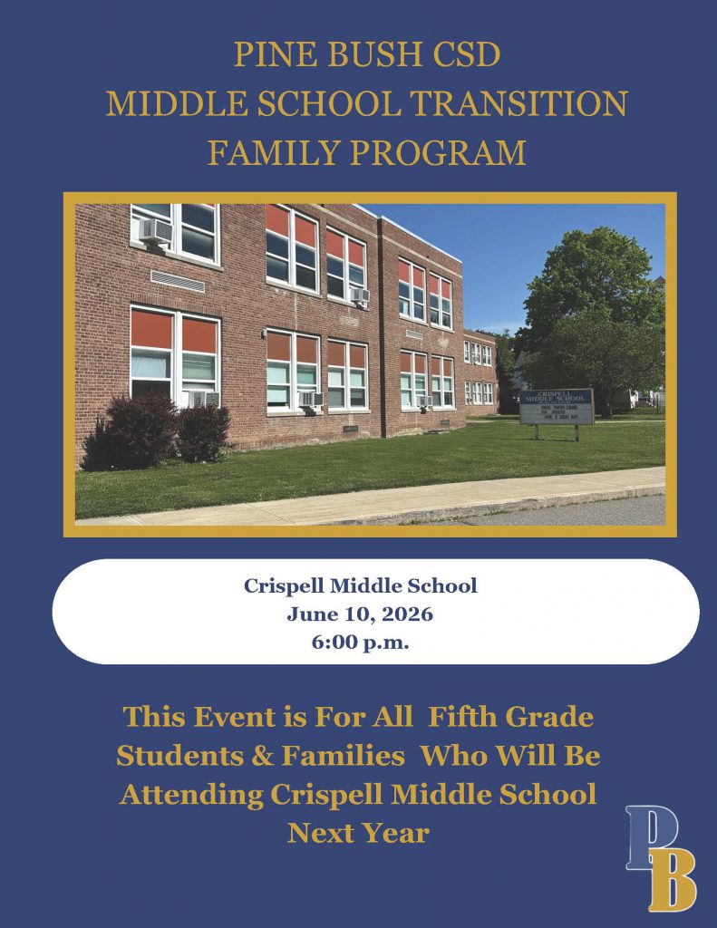 Middle School transition family program at Crispell Middle School, Wednesday, June 10, 6 p.m. This event is for all fifth grade students and families who will be attending Crispell Middle School in September.