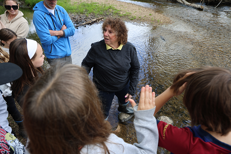 A woman stands in a stream talking to kids.