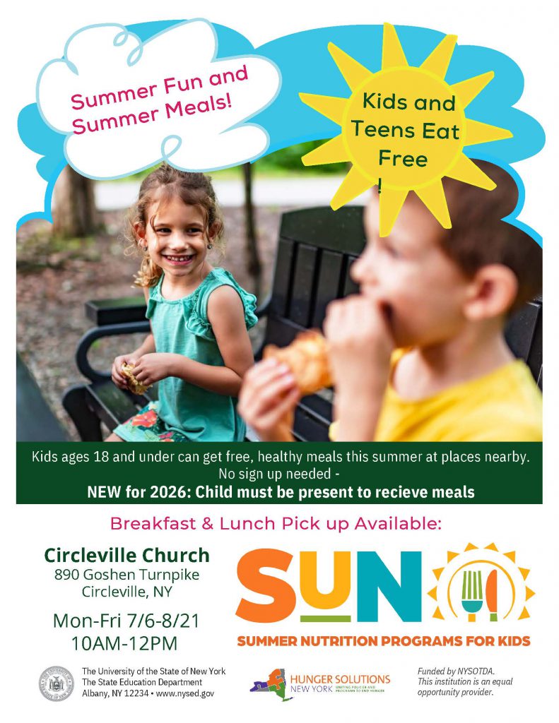 A flyer with two children on it smiling and eating. It says meals available for all kids 18 and under at Circleville Church, Monday through Thursday