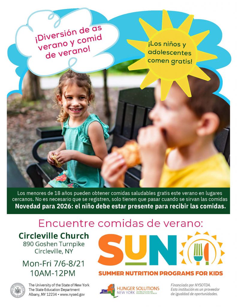 A flyer with two children on it smiling and eating. It says meals available for all kids 18 and under at Circleville Church, Monday through Thursday in Spanish