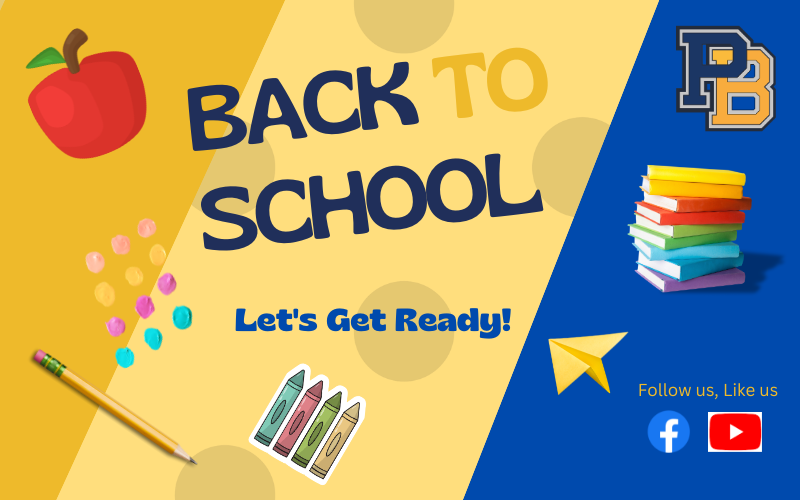Blue and gold background with school supplies and an apple. There is an interlocked PB in the upper right corner.