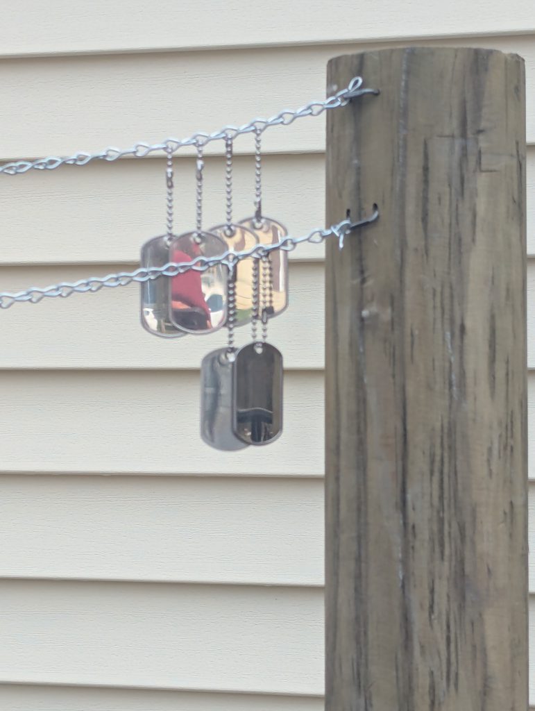 Dog tags hang on a chain connected to a post.