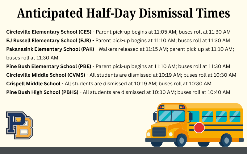graphic that says anticipated half day dismissal times